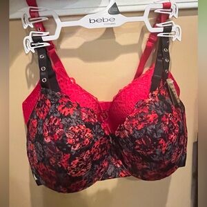Bebe Vibrant Gentle Lift Plunge Bras Red and Black Floral size 34 DD